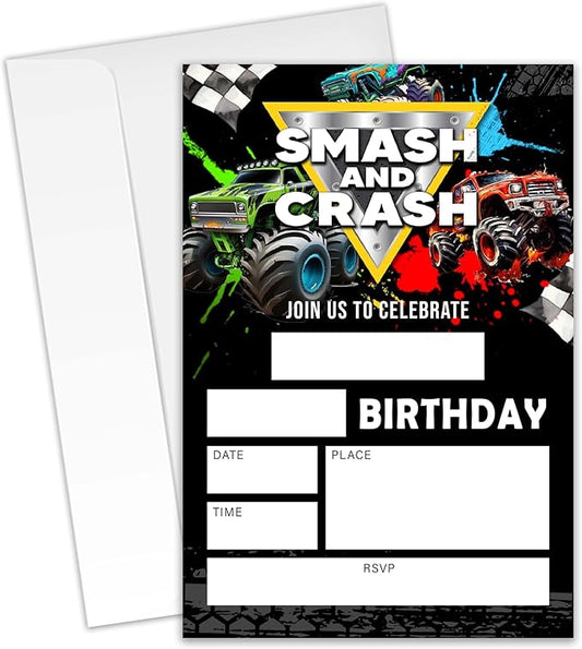 Truck Birthday Party Invitations–Smash&Crash–20 invitation Cards 4"x6" with Envelopes for Fun-Filled Birthday Celebrations.(012)