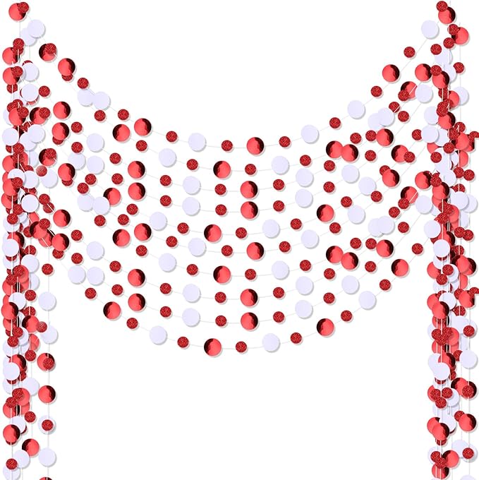 Outus 10 Pieces Red Round Dots Garland Graduation Party Hanging Decor Each Length 13.1ft Glitter Paper Dot Streamers for Birthday Wedding Classroom Supplies (White)