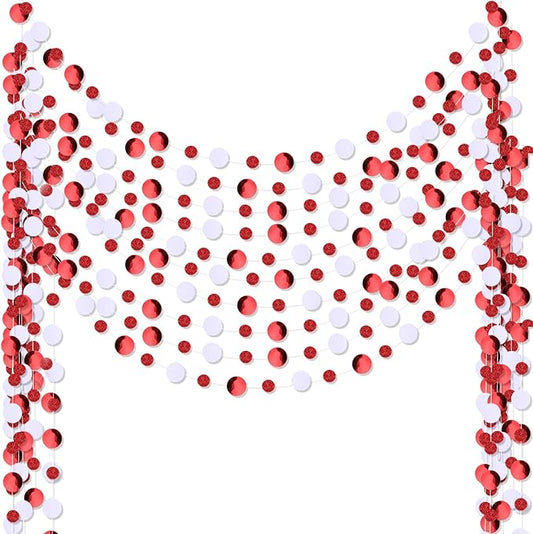 Outus 10 Pieces Red Round Dots Garland Graduation Party Hanging Decor Each Length 13.1ft Glitter Paper Dot Streamers for Birthday Wedding Classroom Supplies (White)