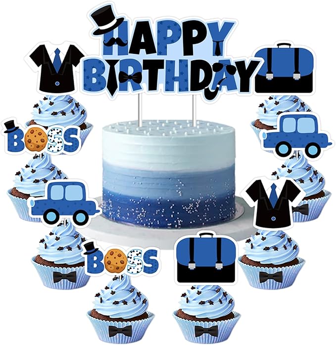 Boss Theme Cake Topper Blue Black Happy Birthday Boss Cake Toppers Boss Boy Baby Cupcake Toppers Boss Day Cake Decorations for Boys Baby Shower Gender Reveal Party 1st 2nd 3rd Birthday Party Supplies