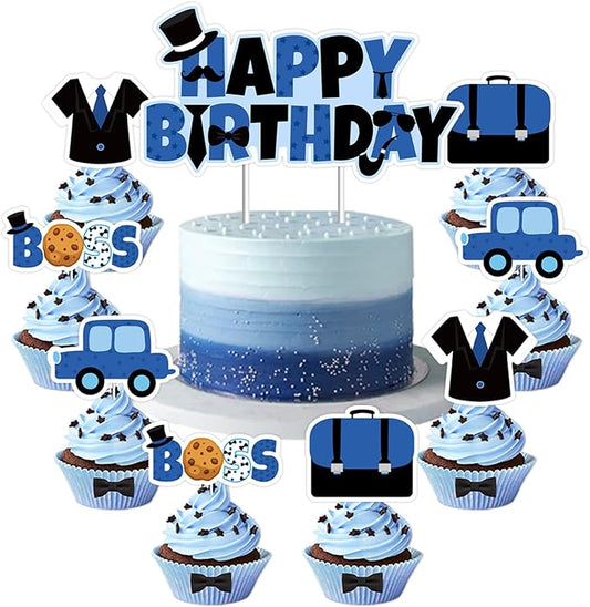 Boss Theme Cake Topper Blue Black Happy Birthday Boss Cake Toppers Boss Boy Baby Cupcake Toppers Boss Day Cake Decorations for Boys Baby Shower Gender Reveal Party 1st 2nd 3rd Birthday Party Supplies