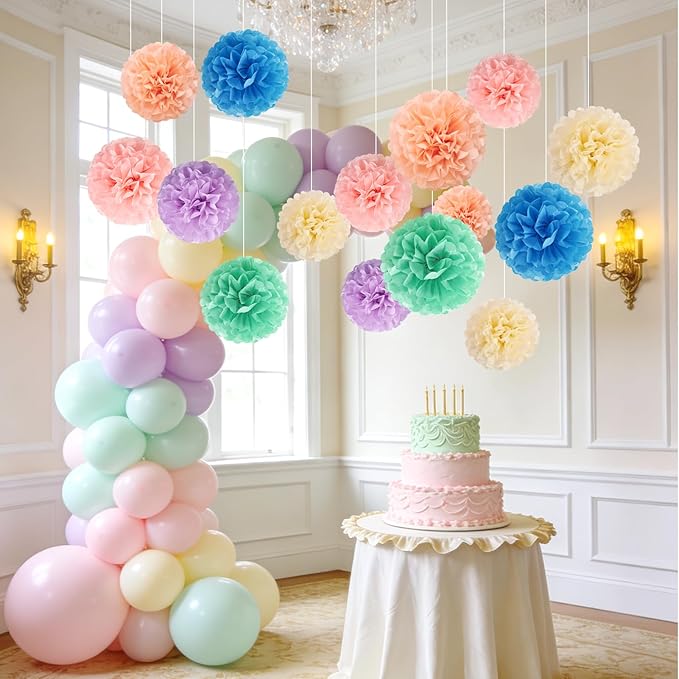 EASY JOY 15PCS Pastel Paper Tissue Pom Poms Decoration Macaron Rainbow Candy Ice Cream Easter Flowers Wall Hanging Decor for Birthday Wedding Baby Shower
