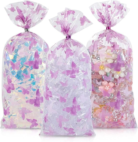 100 Pcs 5x11 Inch Cellophane Treat Bags with 100 Gold Twist Ties, Food-Safe Clear Butterfly Gift Bags for Candy Cookie Bakery Packaging, Valentine's Day Classroom Gifts Wedding Party Favors