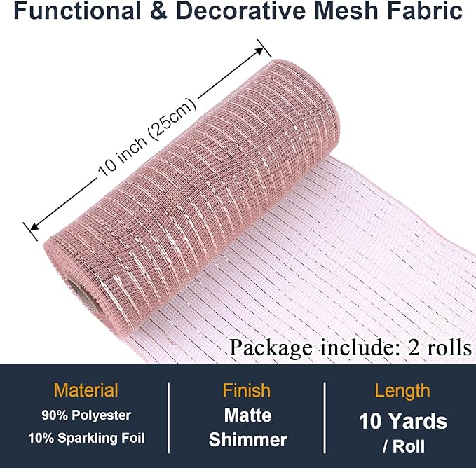2 Pcs Rose Gold Deco Mesh Ribbon Rolls 10 Inch 10 Yards(30 ft) Decorative Mesh Fabric with Foil for Wreaths Christmas Tree Ribbon Door DIY Craft Halloween Decor Wedding Party Supplies (Rose Gold)