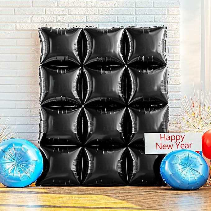 NISOCY 36PCS Black Square Foil Balloons Wall Backdrop Metallic Double Sided Black Balloon Tunnel Arch Kit for New Year Birthday Baby Shower Graduation Party Decorations