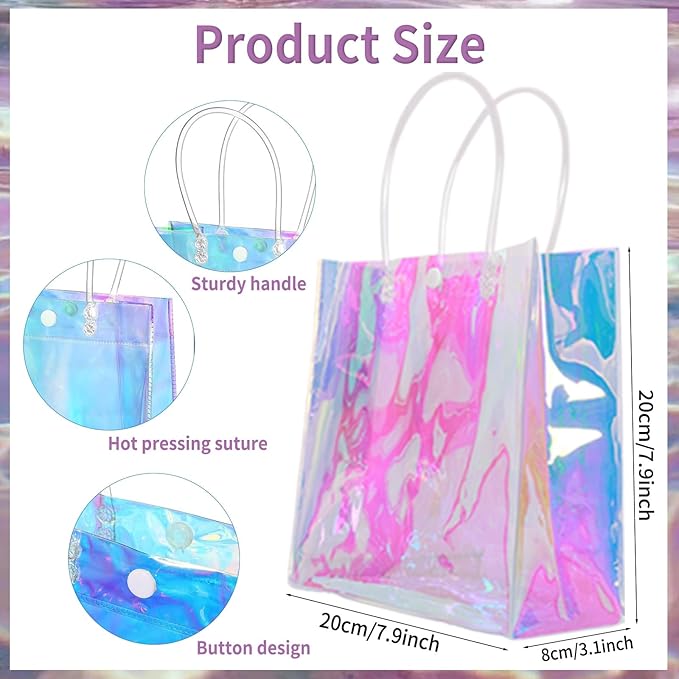 Naisidas 9PCS Holographic Small Gift Bag(7.9"x7.9"x3.1"), Reusable Iridescent Clear Gift Bags with Handles - Ideal As Bridesmaids, Birthday Gift Bags, Christmas Gift Bag, Party Favor Bags