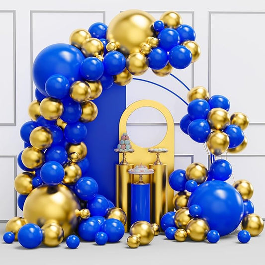 YMSZ Royal Blue and Gold Balloons Garland Arch Kit, 134pcs Metallic Gold and Blue Balloons for Birthday, Baby Shower, Anniversary, Graduation Party Decorations