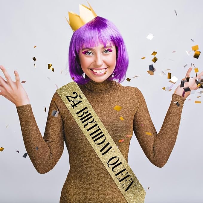 24 Birthday Queen 24th Birthday Sash for Women, Gold Glitter Sash with Black Foil