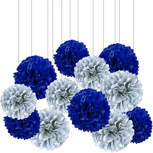 XIKSXITN 12 pc Silver Blue Tissue Paper Pom-poms - Hanging Paper Flowers Ball for Party Decorative (10&12 inch)