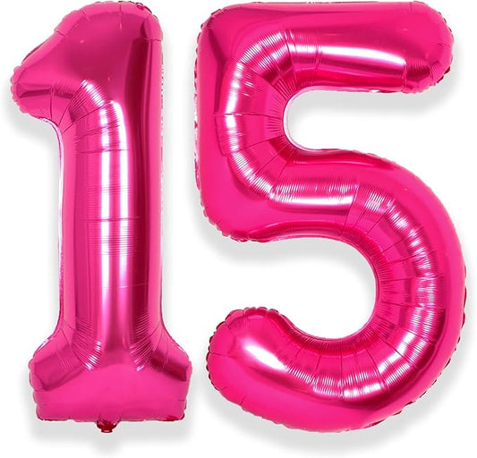 SUWEN 40 Inch Hot Pink Large 15 Number Balloons Big Foil Helium Number Balloons 0-9 Jumbo Happy 15th Mylar Birthday Party Decorations for Girl or Women 51 Anniversary Party Supplies