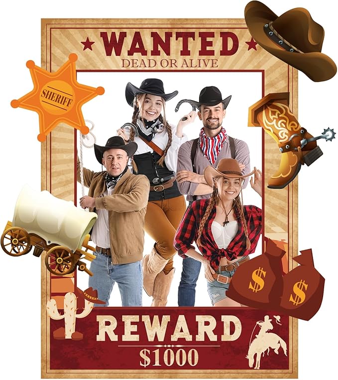 West Wanted Photo Booth Prop Kit Cowboy Party Decoration Wild Western Cowboy Theme Photo Booth Prop Set Wild Western Selfie Photo Booth Poster for Cowboy Cowgirl Rustic Party Supplies