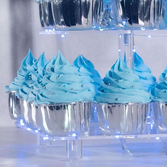 Cupcake Stand, 4-Tier Square Cupcake Holder with LED light String, Acrylic Cupcake Tower Display-Dessert Tower-Pastry Stand-Cupcake Tier Stand for Wedding, Birthday party ( Blue Light)