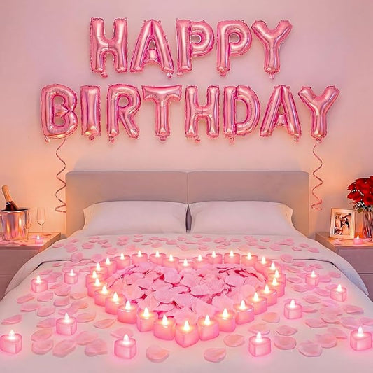 Pink Happy Birthday Balloons Decorations Happy Birthday Letter Balloons Banner Set with 24pcs Heart Flameless LED Candles and 2000pcs Artificial Rose Petals for Women Men Room Party Decor