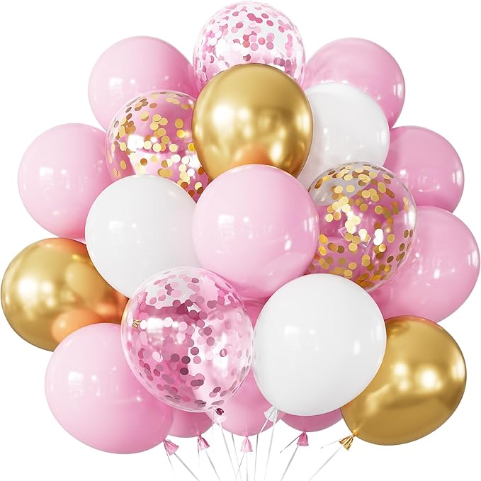 Pink and Gold Balloons Set - 12 Inch Light Pink White Balloons Shiny Metallic Gold Balloon Glitter Confetti Latex Balloon for Girl Women Princess Baby Shower Birthday Wedding Party Decorations