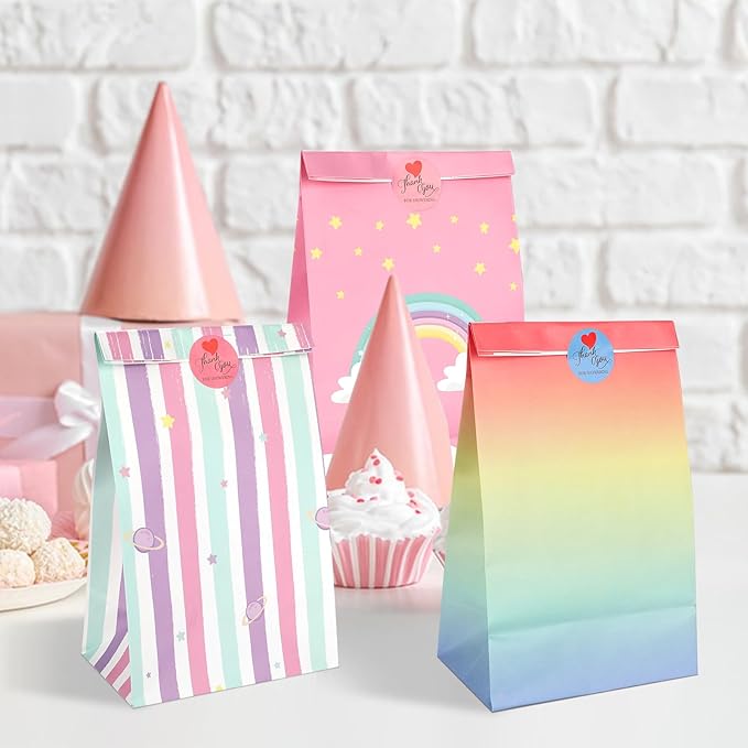 20Pcs Rainbow Party Favor Bags with Stickers, Rainbow Cloud Goodie Candy Bags Treat Bags, Kraft Paper Gift Bags for Birthday Baby Shower Party Supplies