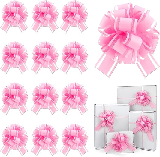 12 Pcs Pink Gift Bow Pull Bows for Gift Warpping Christmas Warp Ribbon Bow Party Birthday Wedding Solid Bows for Bikes Anniversary Boxes Flower Decorations Valentine's Day (Pink-E)