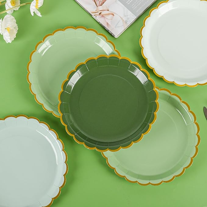 AimFun 24 Pcs Sage Green Scalloped Party Plates St Patricks Day Gold Foil Paper Plates Disposable 9inch Gradient Serving Plates for Birthday Wedding Bridal Baby Shower Party Supplies