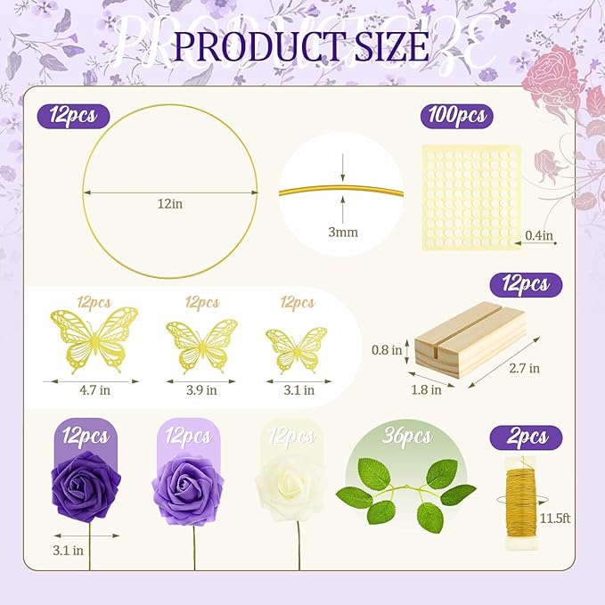 Vercraft 12 Set Butterfly Metal Floral Hoop Table Centerpieces, Metal Ring with 3D Butterfly Decor, PE Foam Flower, Adhesive Dot, Gold Wires for DIY Wedding Party (White, Purple, Purple,Round)