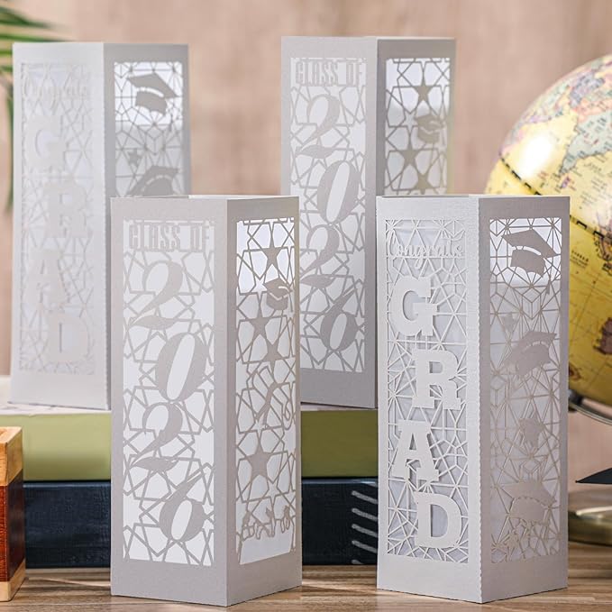 Rossesay 6 Pcs Graduation Table Centerpieces Boxes Class of 2026 Graduation Lanterns for Centerpieces with LED Candles Congrats Grad School College Photo Props for Party Table Decoration (Silver)