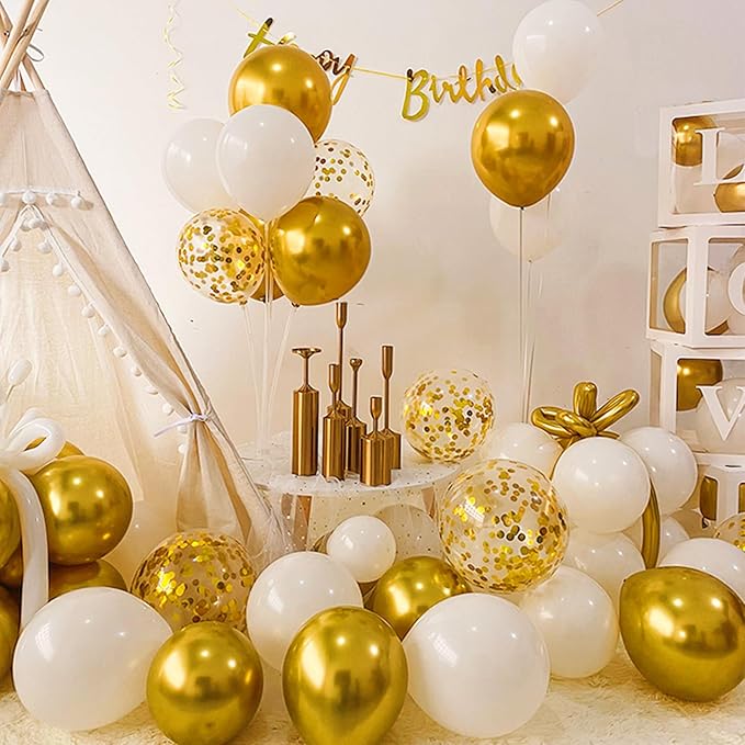 Voircoloria 6 Sets Balloon Stand Kits, Balloon Sticks with Base for Table Centerpieces Graduation Birthday Baby Shower Gender Reveal Party Decorations(White&Gold)