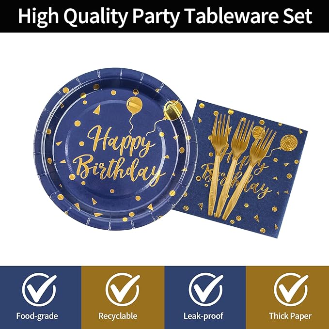 48PCS Happy Birthday Plates and Napkins Party Supplies, Blue and Gold Disposable Paper Plates and Napkins with Forks Tableware Set for Birthday Party Decorations 16 Guests