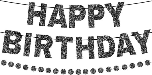 Happy Birthday Banner Pre-Strung Birthday Party Decorations NO DIY Glitter Happy Birthday Sign Circle Dots Garland Birthday Hanging Decorations for Women Men Birthday Party Supplies (Black)