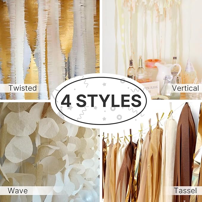 PartyWoo White Crepe Paper Streamers 6 Rolls 492 ft Pack of Beige Sand Off White Crepe Paper Rolls for Graduation Wedding Bridal Baby Shower Birthday Party Decorations (1.8 Inch x 82 Ft/Rolls)