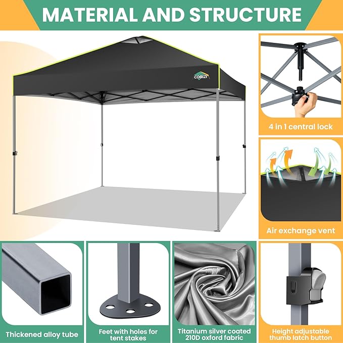 COBIZI 10x10 Pop Up Canopy Tent, Outdoor Party Tent Without Sidewall One Push Setup Glow, 3 Adjustable Height Air Vent Waterproof UPF50+, Bag, 4 Sandbag, 8 Stake, 4 Rope for Beach, Commercial