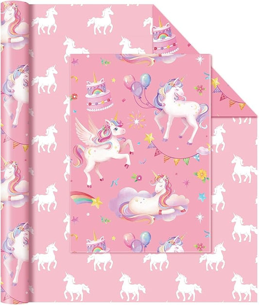 WERNNSAI Watercolor Unicorn Wrapping Paper - 1 Roll 17” x 33 ft Happy Birthday Wrapping Paper Roll Rainbow Birthday Gift Wrap for Kids Girls Princess Party Favor Unicorn Silhouette Design