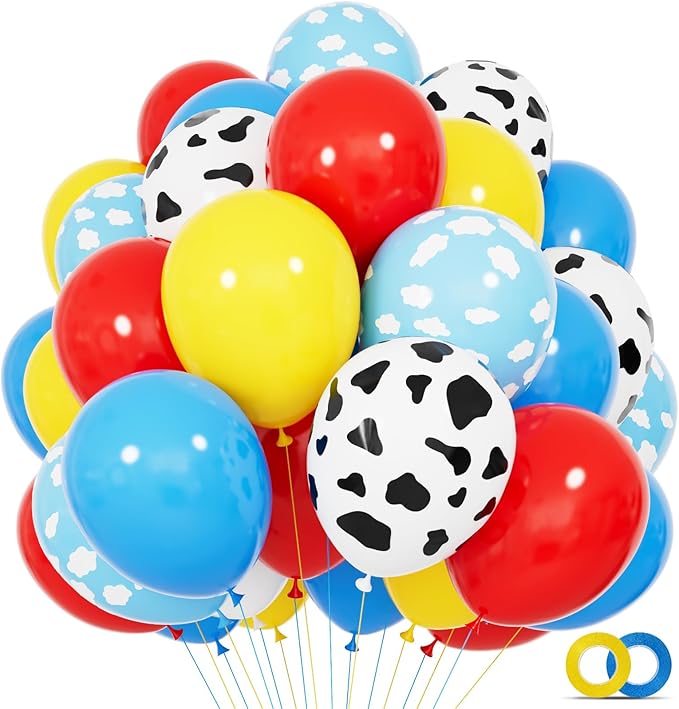68Pcs Red Yellow Blue Toy Balloons 12 Inch Light Blue Cloud Cow Print Balloons for Baby's Birthday Story and Football Party Themed Decorations.