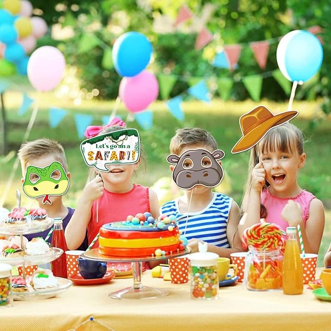 30PCS Jungle Safari Photo Booth Props Wild Animals Forest Themed Party Props Kit for Jungle Safari Kids Baby Shower Birthday Party Decorations Supplies