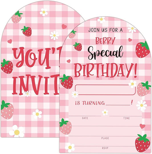 Special Berry Birthday Party Invitations, Strawberry Party Invitations for Girls, 20 Fill-In invites with Envelopes, Strawberry Theme Birthday Party Favor & Decoration (arch)