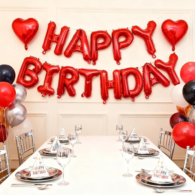 Red Happy Birthday Balloon Banner -16 Inch Mylar Foil Letters Balloons, Reusable Birthday Decorations and Party Supplies, Suitable for Men and Women's Birthday Decorations，Party Backdrop