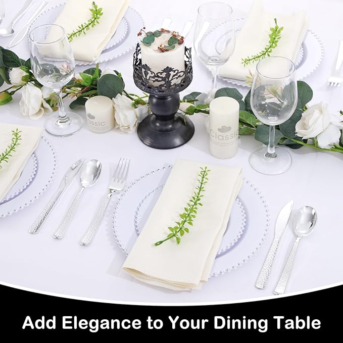 Supernal 180Pcs Silver Plastic Silverware Set, Elegant Hammered Design Heavy Duty Disposable Cutlery, Includes 60 Forks, 60 Knives, 60 Spoons,Silver Plastic Utensils for Wedding, Parties,Events