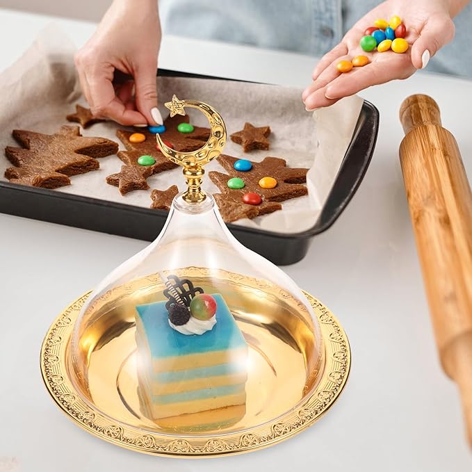 POPETPOP Carved Disc Cake Plate with Cover 6.7 Inch Round Metal Dessert Stand for Wedding Party Snack Display and Cupcake Holder