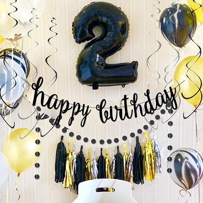Black Happy Birthday Banner Decoration Kit, Glittery Banner Circle Dots Garland with Black Silver Hanging Swirls for Birthday Baby Shower Party Decorations Supplies, Pre-Strung