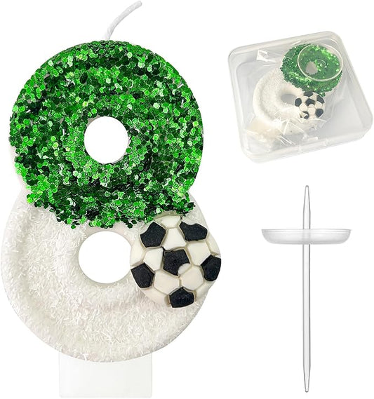 Birthday Candles，Soccer Birthday Decorations，Soccer Cake Topper,for Girl and boy Cake Toppers, Wedding Cakes, Anniversaries, Party Celebrations, Birthday Decorations (Green White, Number 8)