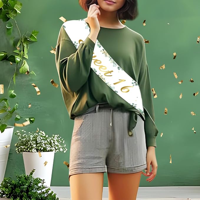 Sage Green 16th Birthday Decorations Sweet 16 Birthday Sash for Girls Women Greenery 16th Birthday Party Favors Happy 16-Year-Old Bday Party Decoration Supplies Photo Prop Photography