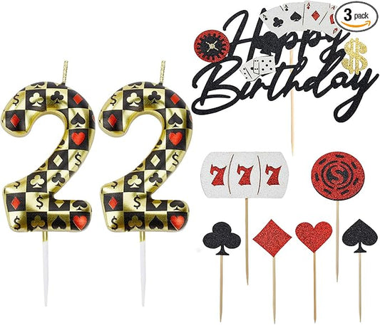 Casino Birthday Number Candles for Cake, Poker Birthday Candles for Casino Themed Birthday Party Decoration, Glitter Casino Birthday Cake Topper for Casino Night Theme Birthday Cake(Number 22)