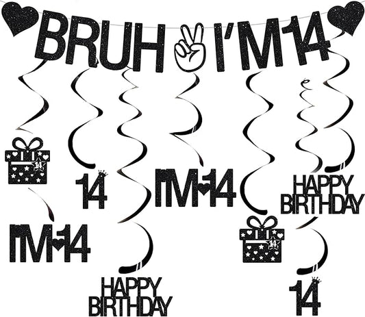 14th Birthday Decorations for Girls and Boys, Black Glitter Bruh I'M 14 Banner, Hanging Swirls Decoration for 14 Year Old Birthday Party Supplies