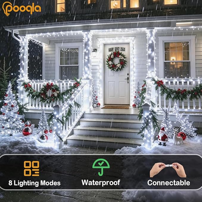 Cool White String Lights Outdoor Christmas Decoration, 66 ft 200 LED Christmas Lights Plug in, Indoor Connectable 8 Modes Clear Wire Twinkle Fairy String Lights for Xmas Tree Bedroom Holiday Party