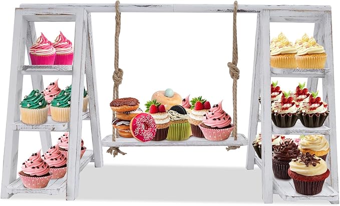 3 Tier Wooden Cake Stand with Tray Ladder,28.3×16.9 in Dessert Table Display Set, Cake Pop Stand,for Parties,Birthdays,Weddings, Baby Showers,etc (White)