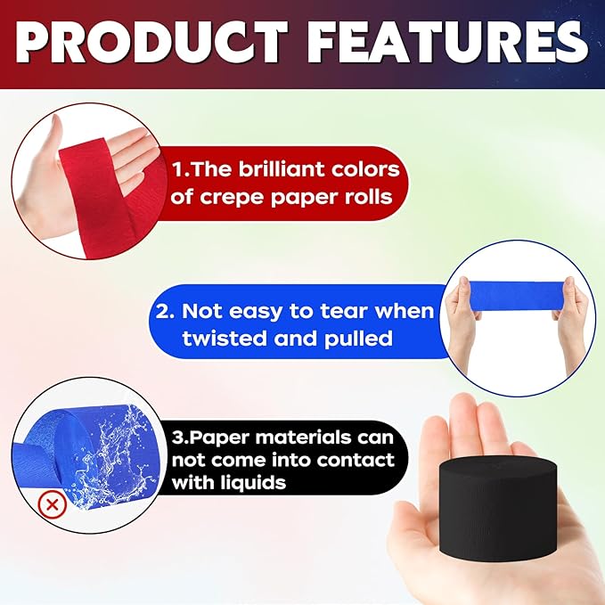 8 Rolls Red Blue Black Crepe Paper Streamers, Red Blue White Party Streamer Carnival Decoration, for Birthday Spider Circus Theme Party Decorations