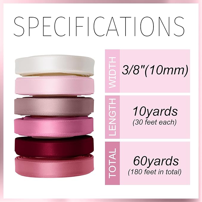 Rose Pink Satin Ribbon 3/8 Inch Wide Light Pink Dusty Rose Dusty Pink Ribbon Assorted Solid Color Double Faced Satin Ribbon for Wedding Flower Bouquet Wrapping Gift Wrapping Hair Bows Crafts
