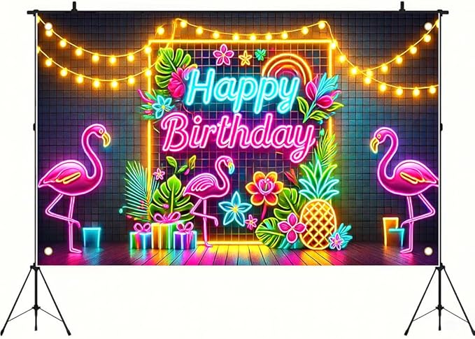 71x43 Inch Birthday Party Banner with Neon Happy Birthday Flamingos Tropical Flowers Pineapple Indoor Outdoor Wall Door Porch Decoration Backdrop Photo Prop