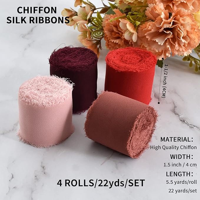 TONIFUL 4 Rolls Silk Chiffon Ribbon, 1-1/2 Inch x 22yds Red Chiffon Ribbons Set, Handmade Fringe Valentine Ribbon for Gift Wrapping Bridal Bouquets Wedding Invitation Valentine Day Decoration