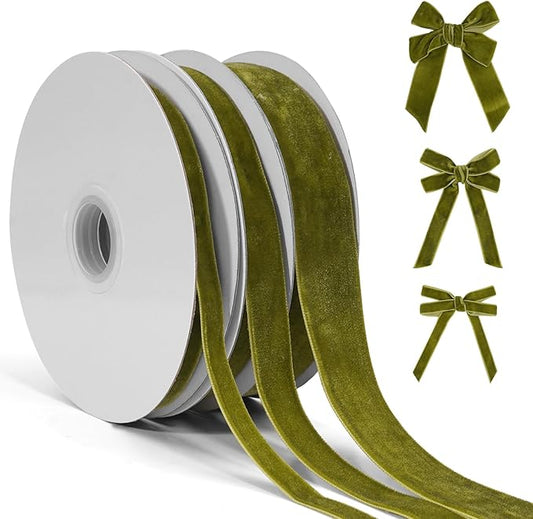 Olive Green Velvet Ribbon for Gift Wrapping, 3 Rolls Vintage Thin Velvet Ribbon Set for Christmas Tree Decoration, 3/8, 5/8, 1 inch Wide, 30 Yards Totally, Thick Christmas Ribbons for Bow Ornaments