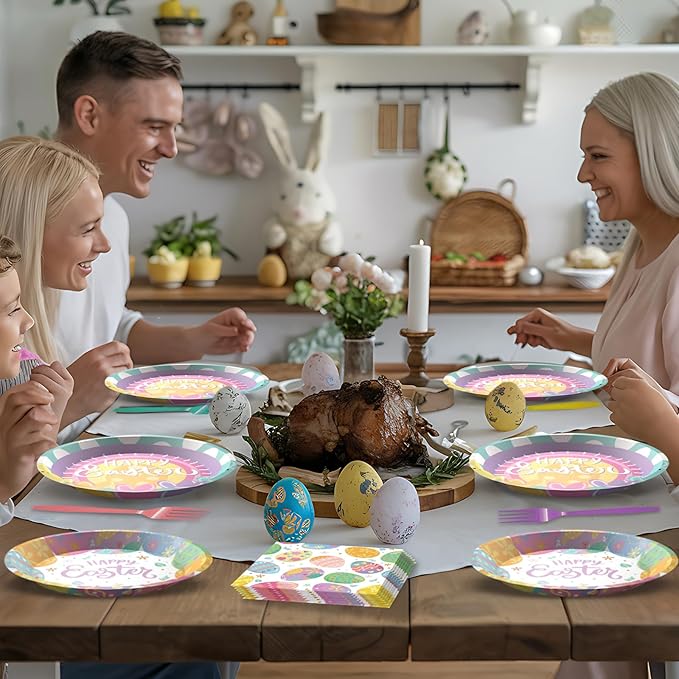 96 Pcs Easter Party Supplies Easter Plates and Napkins Set Colorful Eggs Birthday Party Decorations Tableware for Kids Bunny Spring Birthday Decorations, Serve 24