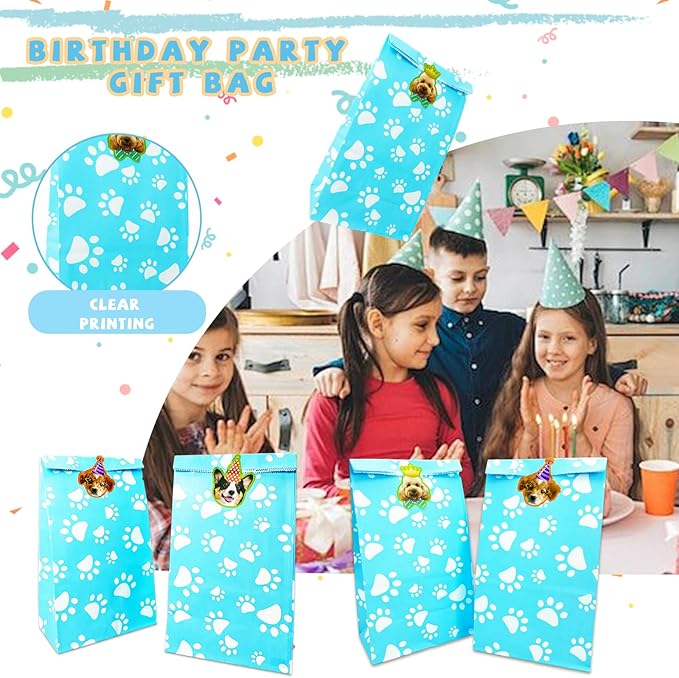 PWZZZAWP 36 Pcs Dog Paw Print Gift Bags with Cute Dog Stickers - Dog Party Favors for Puppy | Pet Themed Goodie Bags for Doggy Lovers, Blue Paper Treat Bags for Pet Party Supplies & Gift Wrapping
