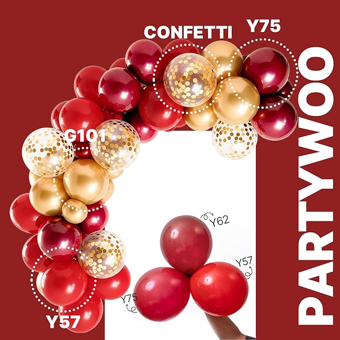 PartyWoo Red and Gold Balloons 66pcs 12 10 Inch Matte Red Burgundy Metallic Chrome Gold Confetti Balloons for Graduation Baby Shower Birthday New Year's Eve Anniversary Christmas Party Decorations